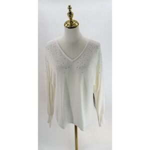 Sam & Jess Women's V Neck Long Sleeve Sweater Rhinestones Antique White Small S
